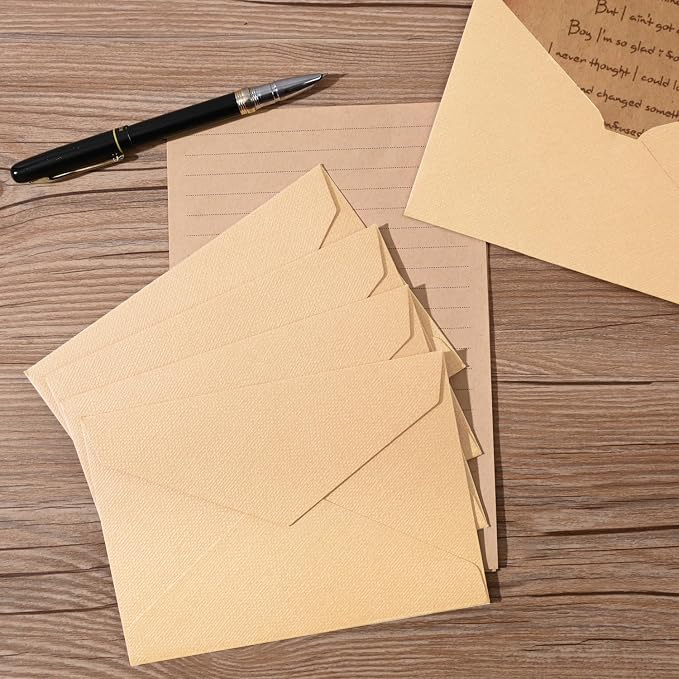 48 Pieces Stationery Set with Envelopes (24 Kraft Paper Sheets + 12 Linen Texture Envelopes+12 Wax Seal Stickers), Stationery Letter Writing Paper Set for Love Letters and Party Invitations (Yellow)