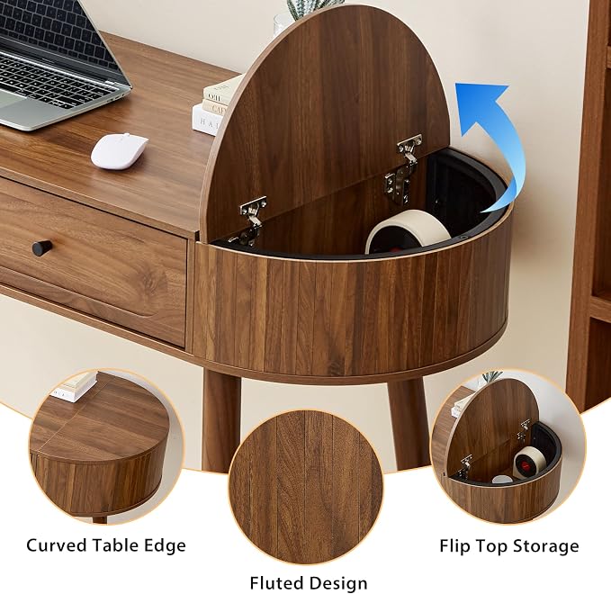 AVZEAR 59" Oval Fluted Home Office Computer Desk Wood Writing Desk, Wlanut | Mid Century Modern Writing Desk with 2 Drawers + 2 Flip Storage, Farmhouse Vanity Table Executive Deskfor Study, Living Room