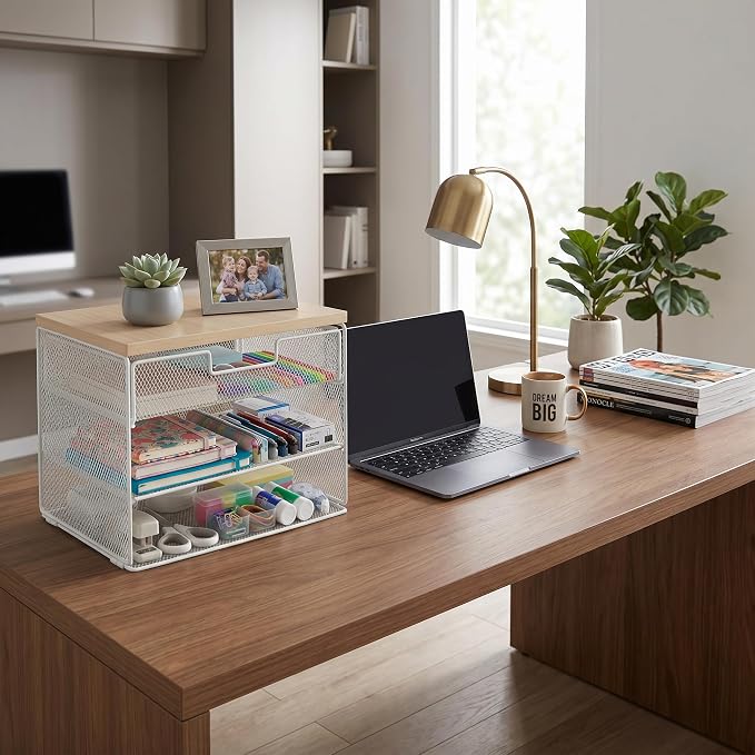 4-Tier Mesh Desk Organizer and Accessories with Drawer Wooden Top Desktop Organizers Letter Tray Paper Organizer File Holder for Home Office School White