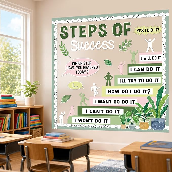 Motivational Bulletin Board Decorations Set Back to School Positive Classroom Decor Steps of Success Paper Cutouts Educational Sayings Accents for School Door Wall Chalkboard Decor Supplies (Plant)