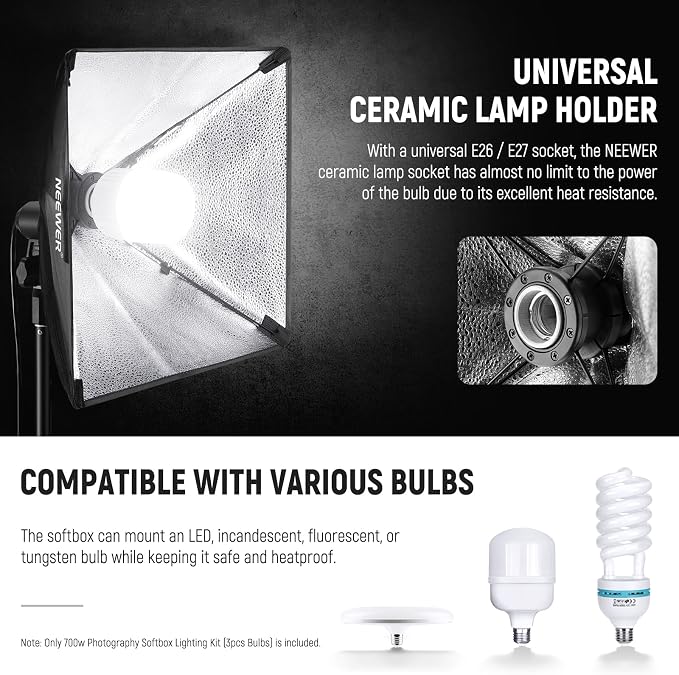 NEEWER 700W Equivalent Softbox Lighting Kit, 3Pack UL Certified 5700K LED Lighting Bulbs, 24x24 inches Softboxes with E26 Socket, Photography Continuous Lighting Kit Photo Studio Equipment
