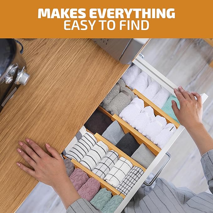 4-Pack Bamboo Drawer Dividers - 2.6 Inches High, Adjustable 12 to 17 Inches Expandable Drawer Organizer Dresser Separator for Clothes, Utensils, Bedroom, Bathroom, Kitchen, Office Storage Organization