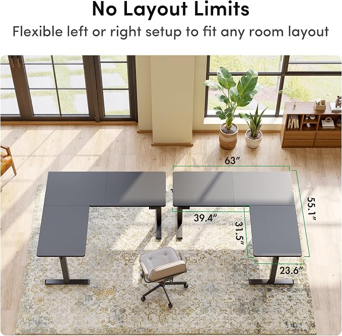 FEZIBO 63" x 55" L-Shaped Standing Desk - Adjustable Corner Desk L Shape, L-Shaped Adjustable Desk with Splice Board, L Shape Standing Desk, Black