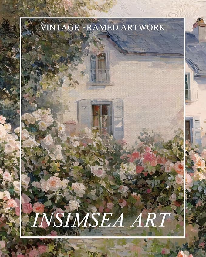 InSimSea Extra Large Framed Vintage Wall Art, Living Room Country Farmhouse Decor, Cottage Rose Garden Landscape Canvas Prints, Retro Scenery Long Pictures for Bedroom Above of Bed,20x40inch