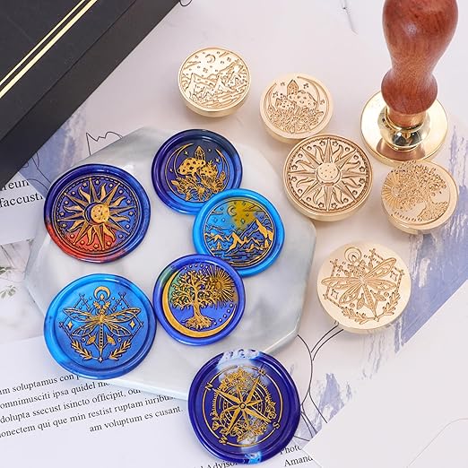 SWANGSA Galaxy Universe Wax Seal Stamp Set, Vintage 6 Pcs Sealing Wax Stamp Heads and 1 Wooden Handle for Christmas,Wedding Party Invitations, Letters, Envelopes