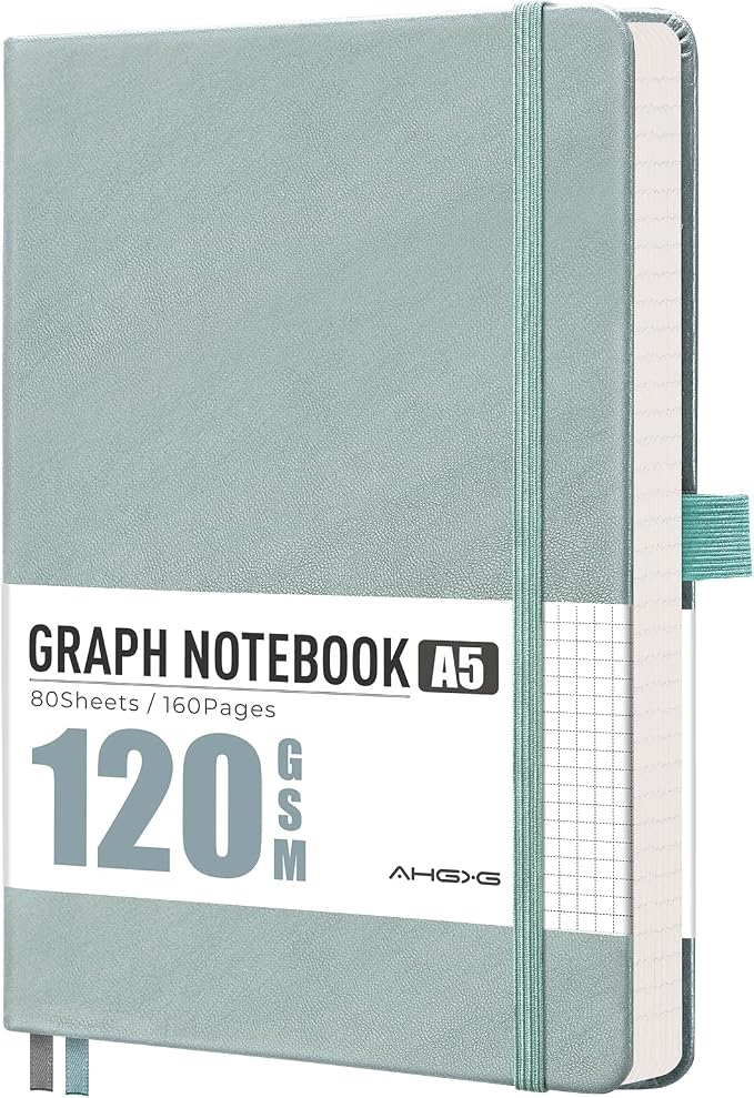 AHGXG Graph Grid Paper Notebook, 160 Pages, A5 Medium Size (5.7'' x 8.3''), 120 GSM Thick Paper, Leather Hardcover, for School, Students, Math, Engineering (Gray Blue)
