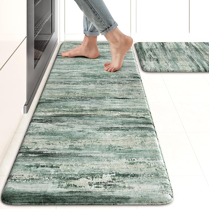 KIMODE Kitchen Mats Cushioned Anti Fatigue, Abstract Kitchen Rugs Sets of 2, Non Slip Kitchen Mats for Floor, Padded Kitchen Floor Mats for Sink Laundry Office Desk Green Multi 17"x47"+17"x29"