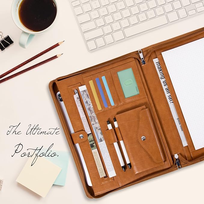 Calfinder Personalized Portfolio for Women&Men, Free Name Engrave,Customized Leather Padfolio, Business Portfolio with Zipper and Handle for Ipad, Document