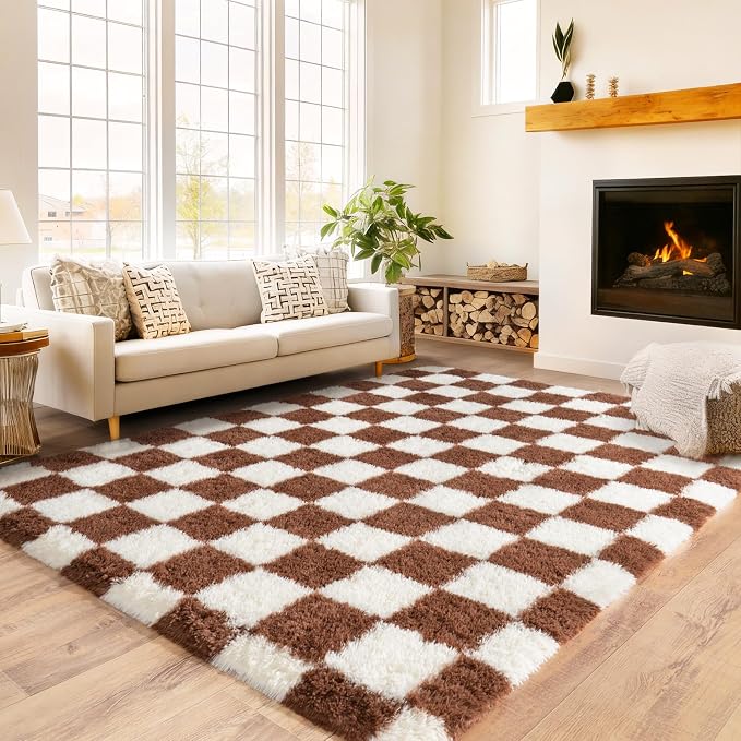 Checkered Rug 4x6 for Bedroom, Ultra Fluffy Shag Area Rugs for Living Room, Upgrade Anti-Skid High Pile Soft Rug Fuzzy Carpet for Living Room Bedroom Kids Room Nursery, Dorm Home Decor, Cream & Coffee