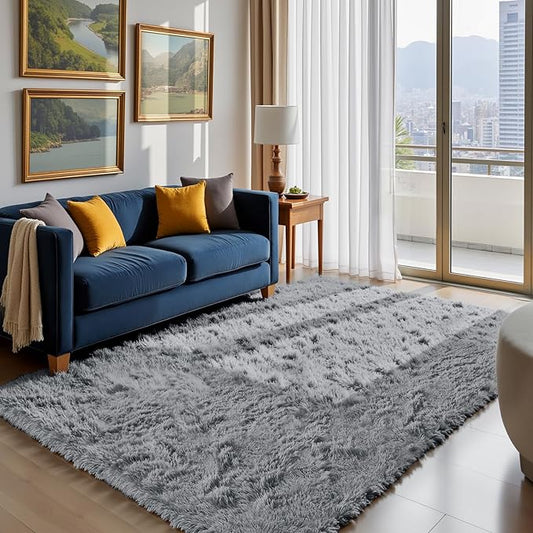Fluffy Rug Shag Area Rug, Light Grey 4x6 Area Rugs for Bedroom, Small Bedside Rug, Soft Fluffy Shag Entryway Throw Rugs for Living Room Bedroom Room Home Decor