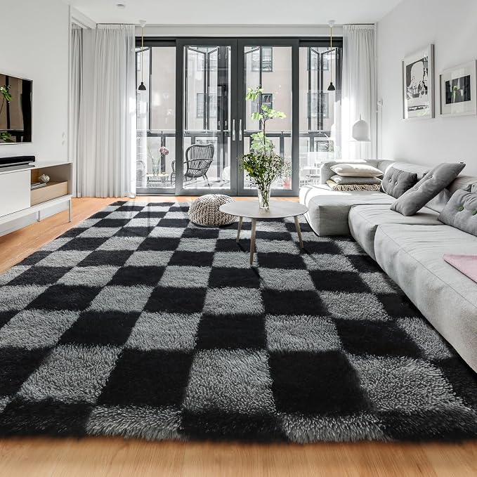 KICMOR Rugs for Living Room 7x9 Area Rug, Black and Grey Large Fluffy Shag Shaggy Fuzzy Checkered Bedroom Carpet, Indoor Soft Plush Big Rug for Kids Boys Girls Dorm Nursery Home Decor Aesthetic