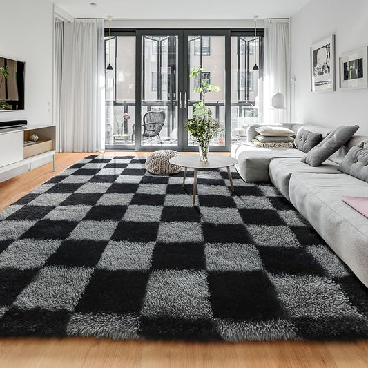 KICMOR Rugs for Living Room 7x9 Area Rug, Black and Grey Large Fluffy Shag Shaggy Fuzzy Checkered Bedroom Carpet, Indoor Soft Plush Big Rug for Kids Boys Girls Dorm Nursery Home Decor Aesthetic