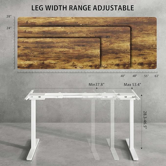 Dual Motor Standing Desk Frame for 40-63 in Tops, 264 lb, White | Frame Only, Fits 40-63 x 24-28 in Tops, 28.3-46.5 in Height, 2+3 Controls, ≤45 dB, 264 lb Capacity