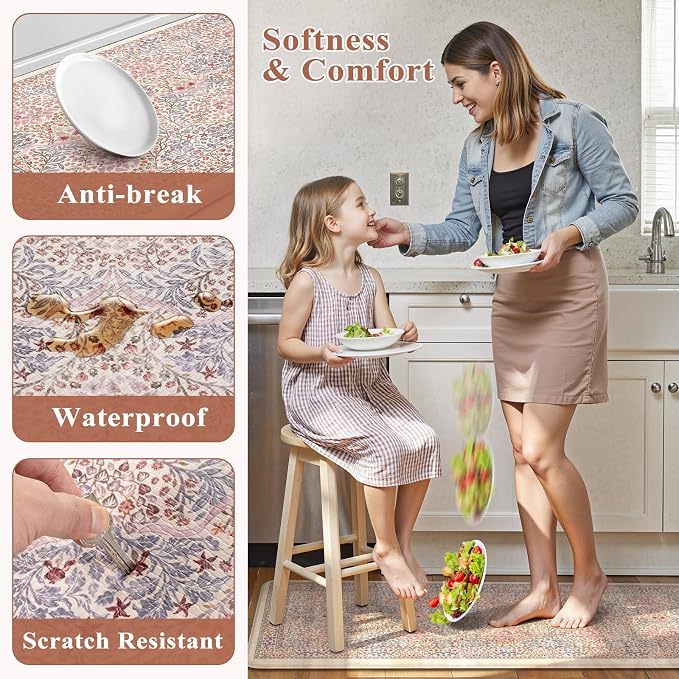 Collive Kitchen Mats for Floor 2PCS, Cushioned Anti Fatigue Mat Waterproof Kitchens Sink Rug Non Slip, Pink/Blue Floral Rugs Comfort Standing Mat for Laundry, Desk, Bar, Office