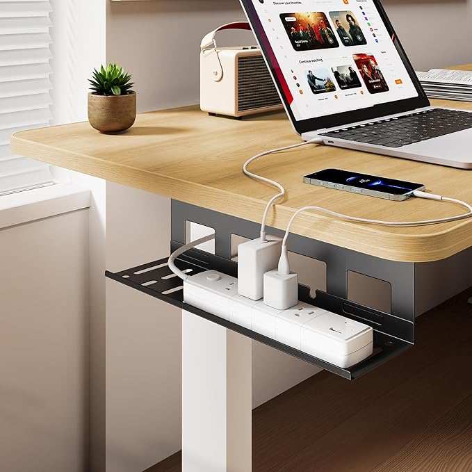 Under Desk Cable Management Tray, 15.7'' Screw-Mount Steel Rack | Metal Cord Organizer for Power Strips, Chargers, Reversible Installation, Effortless Wire Management for Home Office, Black