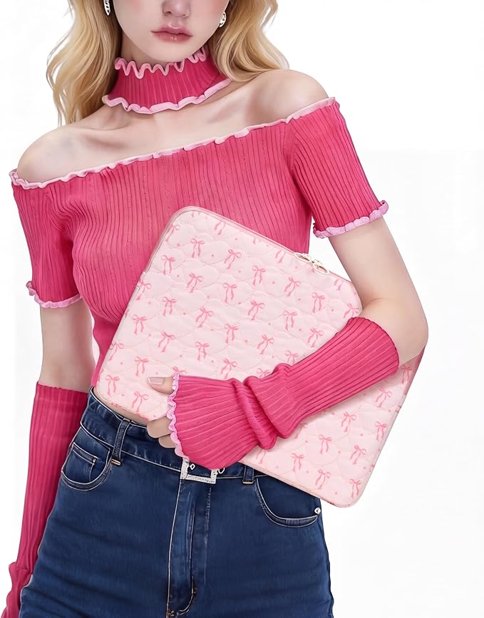 Cute Bow Puffy Laptop Sleeve 13-15 Inch Cute Quilted Laptop Protective Case Padded Bow Computer Sleeve for MacBook