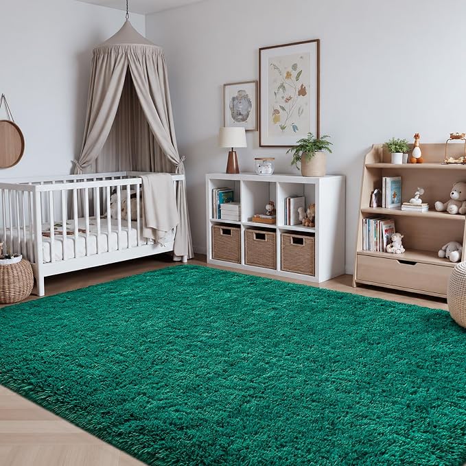 Zentavio Emerald Green Rugs for Bedroom 6x9 Dark Green Area Rugs for Living Room Fluffy Fake Grass Large Carpet for Kids Room Playroom Furry Shag Aesthetic Soft High Pile Washable Home Decor