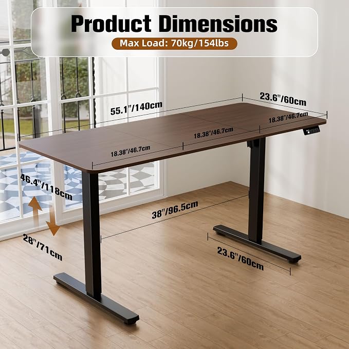 55"x24" Standing Desk, Height Adjustable Sit-Stand Home Office, Walnut | Electric Adjustable Standing Desk, Sit to Stand Computer Office Desk with Splice Board, Memory Preset, Lifts 28.7''-46.5"