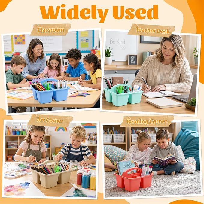 gisgfim 12 Pack Classroom Caddy with Handle Plastic Storage Caddy Organizer with 3 Compartments Desk Caddies Holder Portable Storage Bin for Pencil, Crayon, Marker, Home, Office, School Supply(Retro)