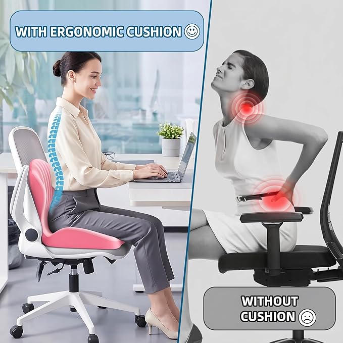 Ergonomic Lumbar & Seat Support Cushion, 2-in-1 Memory Foam Cushion with Coccyx Hollow Design for Office Chair, Car Seat, Home Use - Relieves Back & Hip Pain (Pink)