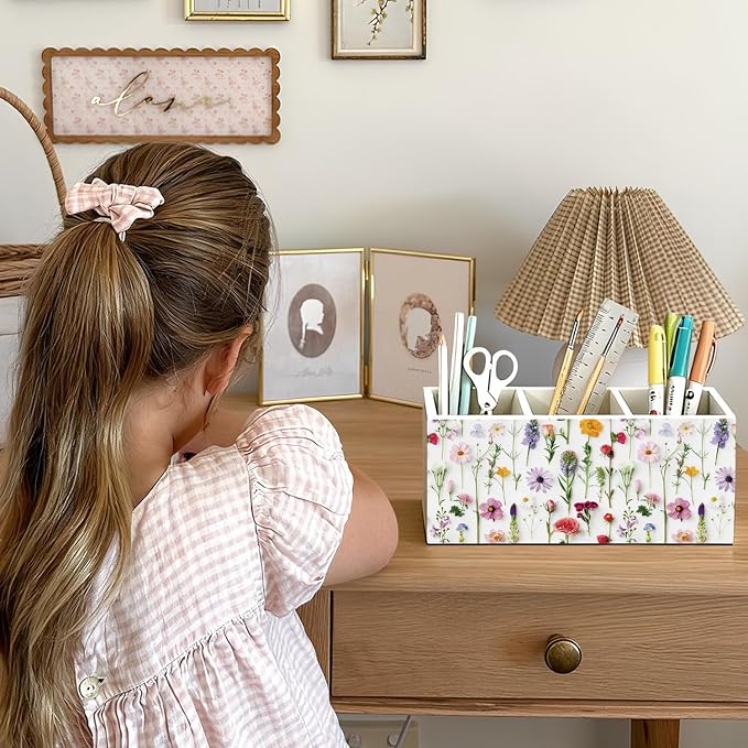 Floral Pen Pencil Holder for Desk Accessories, Cottagecore Colorful Wildflower Botanical Wooden Box Sign Decorations for Girls Room Bedroom Dorm Home Office Desk Tabletop