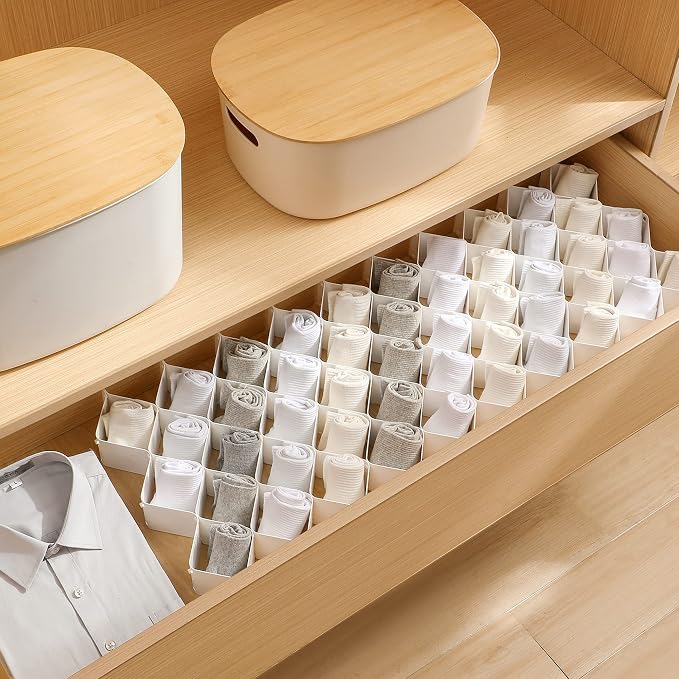 ROUFA Sock Drawer Organizer for Dresser, Honeycomb Underwear Dividers for Women, Panty Separator for Bras, Socks, Belt and Leggings (24pcs,White)