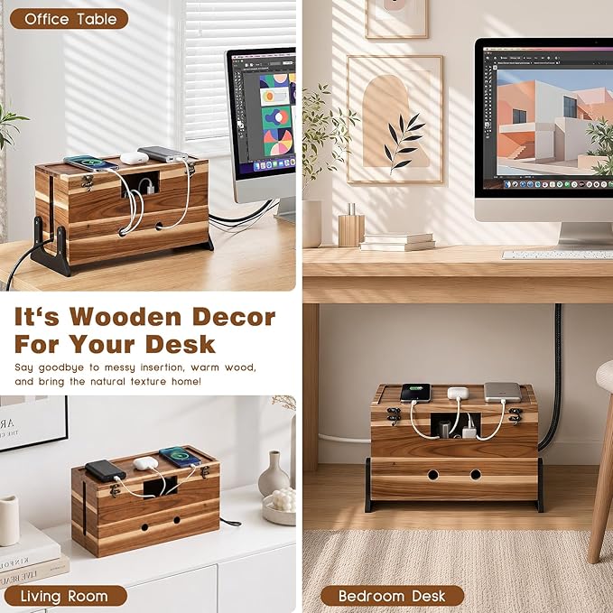 Extra Large Cable Management Box, 14.2-Inch Acacia Wood Cord Hider Box with Dual Locks and Magnetic Lid, Power Strip Cover and Cable Organizer for Desk, Floor, TV Wires and Home Office