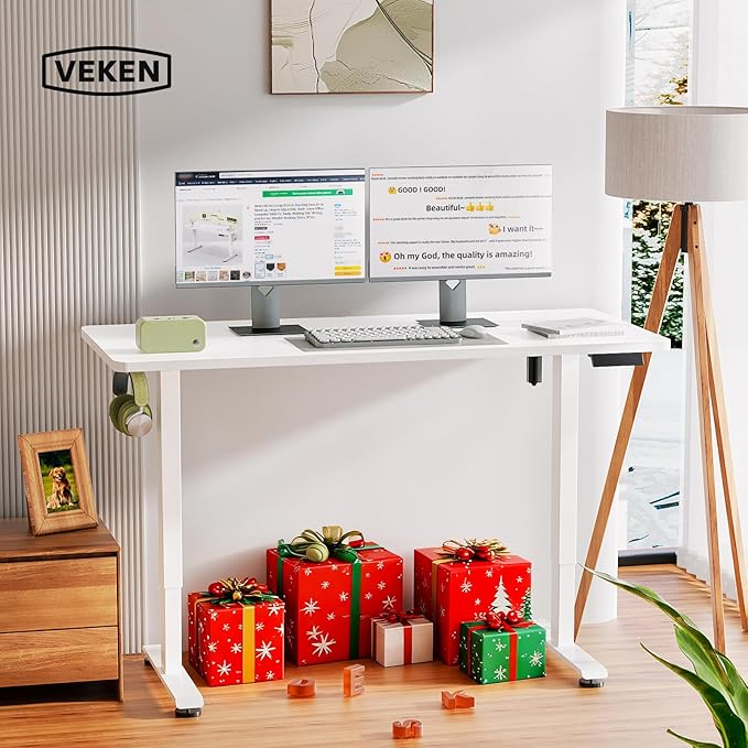 Veken 55 Inch Large Electric Standing Desk,Sit to Stand Up, Heights Adjustable, Work Home Office Computer Table for Study, Walking Pad, Writing, and Games, Wooden Desktop Desks, White