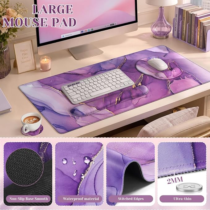 iCasso Purple Ergonomic Large Mouse Pad with Wrist Support, 4in1 XXL Desk Mat Set- Keyboard Wrist Rest + Mouse Wrist Rest + Coaster, Marble Style Desk Pad Mousepad