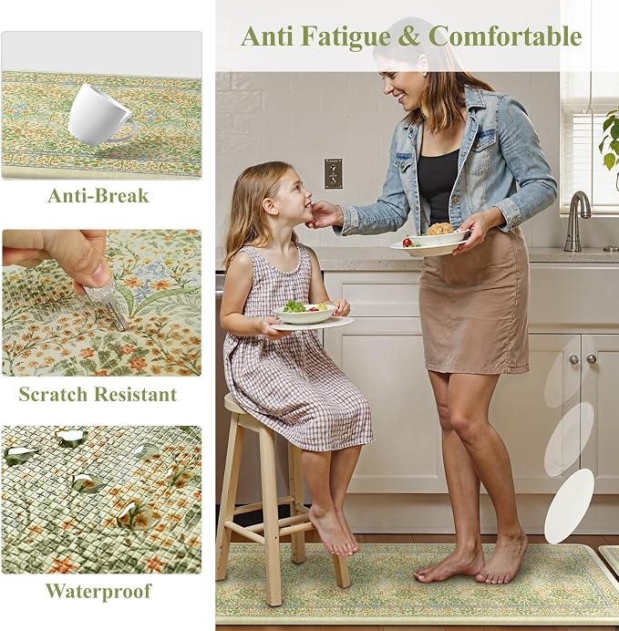 Collive Anti Fatigue Mats for Kitchen Floor, Waterproof Non Skid Kitchen Rugs Sets of 2 Vintage Floral Desk Rug, Foam Comfort Standing Mat for Office, Sink, Laundry, Light Green