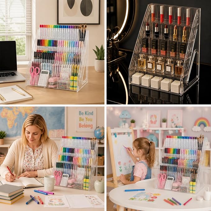Acrylic Pen Pencil Holder for Desk With 25 Compartment Desk Organizers and Accessories,Durable Material Can Hold Pen Brush Cosmetic Scissor Clip Tape staplers Fit Home Office School(5 Tier)