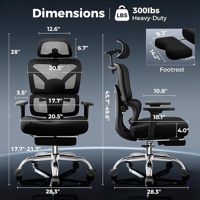 Ergonomic Office Chair with Footrest, Big and Tall Home Desk Chair | 3D Adjustable Armrests, 3D Flexible Headrest, Comfortable & High Density Sponge Cushion, 135° Recline, Lumbar Support, Black