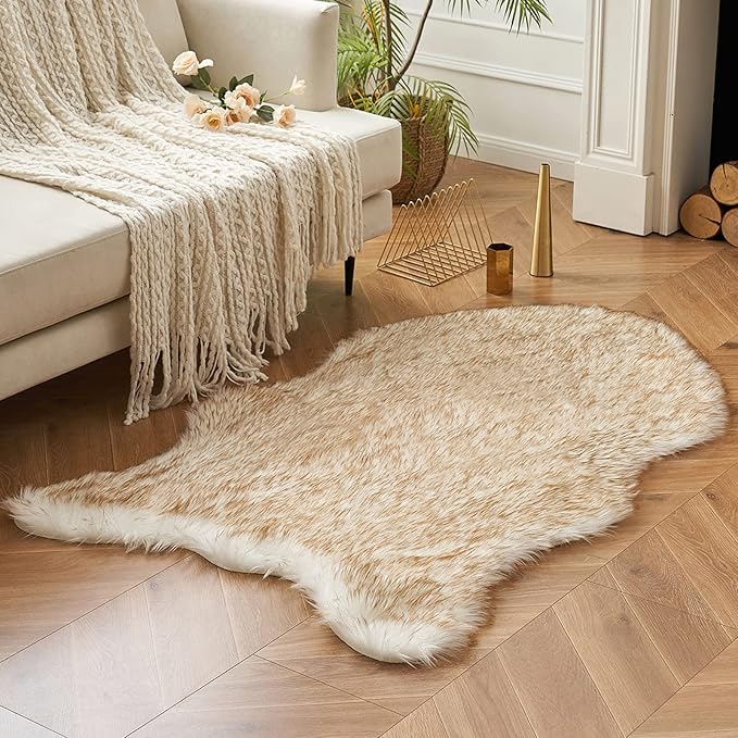 MIULEE 3x5 Feet Faux Fur Sheepskin Rug, Luxury Fluffy Area Rugs - Super Soft Decorative Shag Carpet for Bedroom, Living Room, White and Brown
