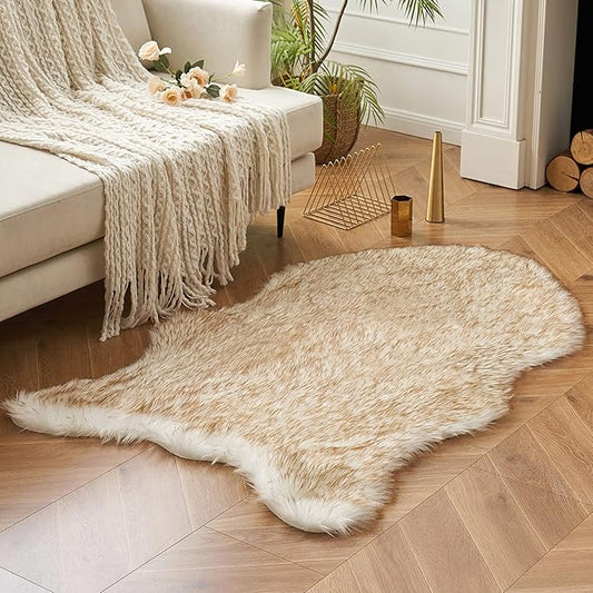 MIULEE 3x5 Feet Faux Fur Sheepskin Rug, Luxury Fluffy Area Rugs - Super Soft Decorative Shag Carpet for Bedroom, Living Room, White and Brown