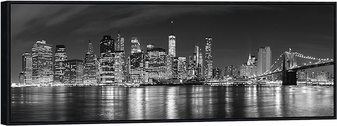 Wieco Art Framed Wall Art New York Manhattan Night View Black and White Wall Decor Canvas Prints Modern Canvas PrintsCityscape Pictures Paintings on Canvas for Bedroom and Living Room