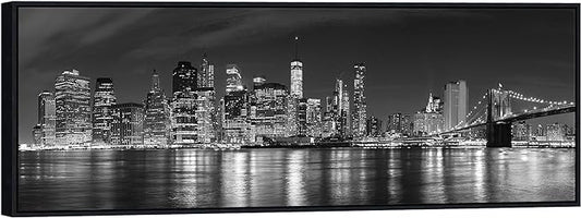 Wieco Art Framed Wall Art New York Manhattan Night View Black and White Wall Decor Canvas Prints Modern Canvas PrintsCityscape Pictures Paintings on Canvas for Bedroom and Living Room