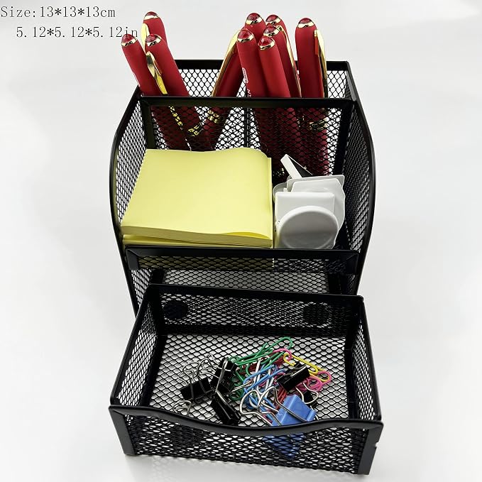 Fengtaiyuan T11, Black Square Metal Wire Mesh Pencil Holder, Pencil Cup, Pen Holder, Desktop Organizer, Office Storage Box (T11)