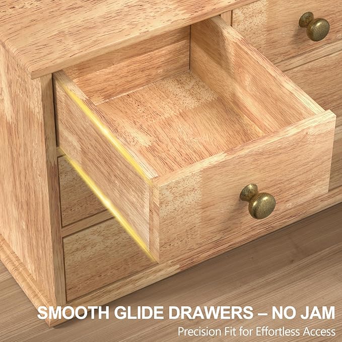 Oak Desk Organizer with Drawers, Durable Wooden Desktop Storage Box | 5 Drawer Tabletop Organizer with Metal Handle & Non-Slip Pad for Office, Bedroom, Bathroom, Vanity, Makeup, Light Burnt Brown