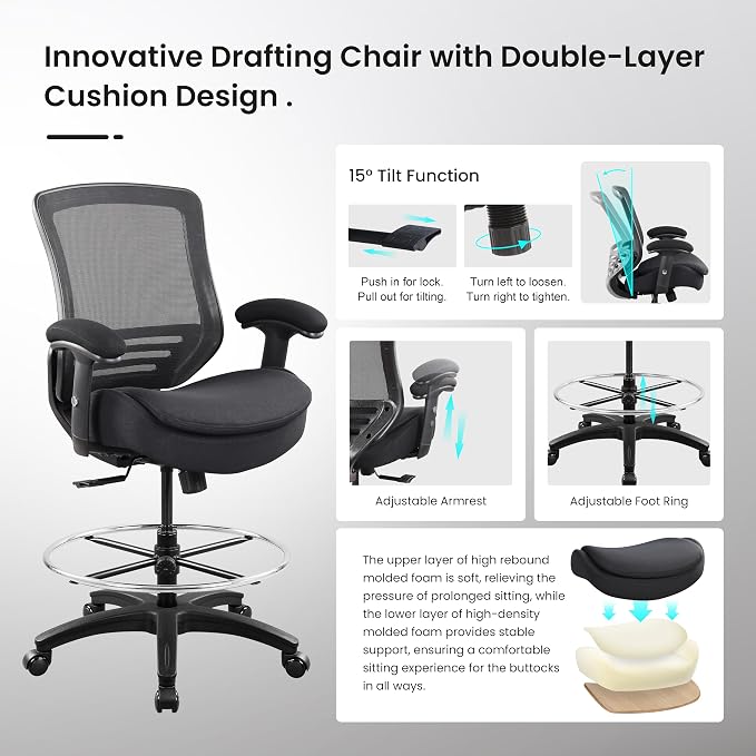 BOLISS 400lbs Ergonomic Office Drafting Chair Mid Mesh Back for Height Adjustable Desk 21inch Foot Ring Height Adjustable Armrest (Black) ﻿
