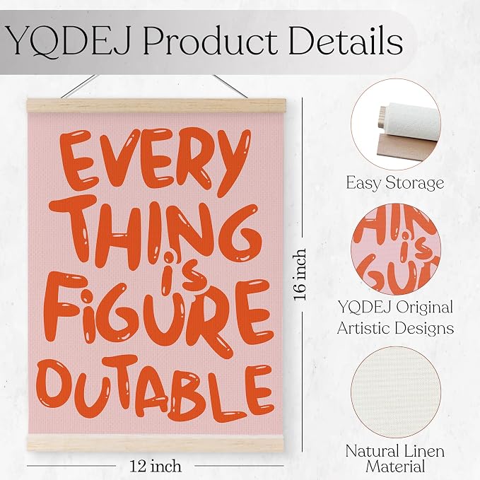 YQDEJ Pink Everything Is Figureoutable Inspirational Wall Art Poster Hanger Frame, Positive Affirmations Wall Decor, Motivational Wall Art for Home Office Classroom, 12x16 Inch