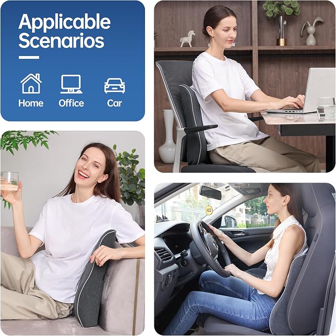Plush Comfortable Memory Foam Lumbar Support Pillow - Soft Back Cushion for Office Chair, Car Seat, Gaming Chair - Ergonomic Lower Back Pain Relief with Adjustable Straps & Washable Cover-Dark Grey