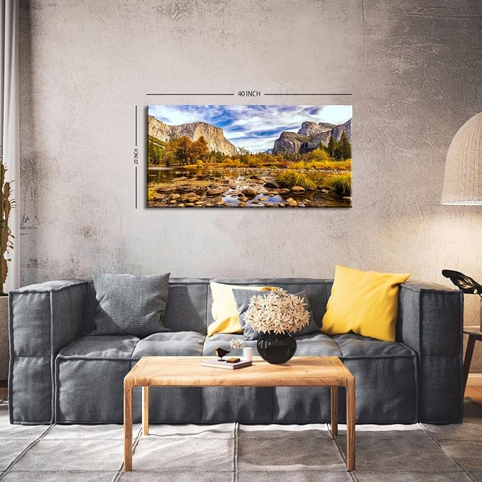 Yosemite Valley Mountain Wall Art Panorama of National Park Canvas Prints Nature Landscape Pictures Wall Decor Fall Stream Forest Painting Artwork for Living Room Bedroom Office Home Decorations