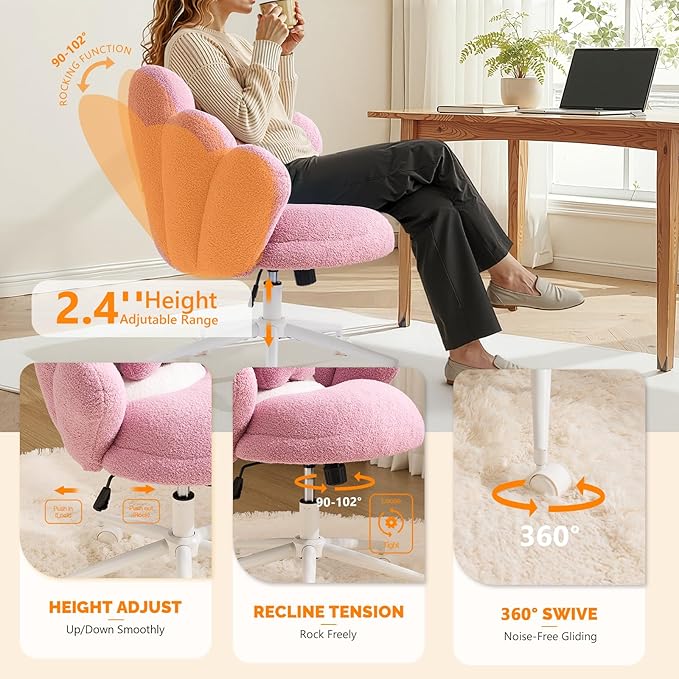 VINGLI Cute Petal Vanity Desk Chair with Star Pillow, Armless Swivel Chair in Vibrant Color-Blocking, Height Adjustable Modern Computer Task Chair for Bedroom & Home Office, Teddy Fleece,Purple
