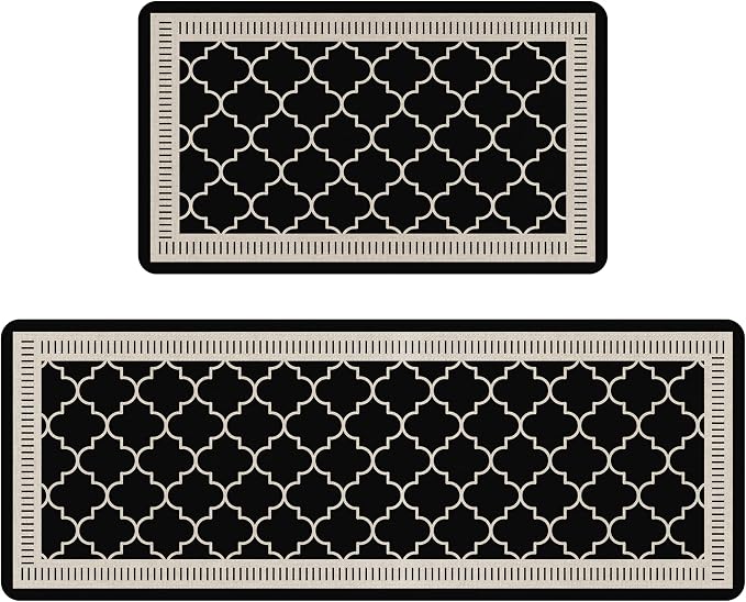 Black Vintage Moroccan Grid Elegance Kitchen Rug Sets [2 PCs], Anti-Fatigue, Waterproof Non-Slip Kitchen Mats Heavy Duty Comfort Foam Rug for Kitchen, Floor, Laundry,17"x29"+17"x47"