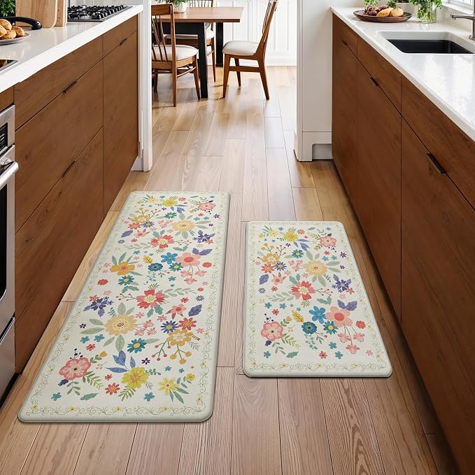 GENIMO Anti Fatigue Kitchen Mats for Floor 2PCS, Cushioned Standing Mats | 17.3"x47"&17.3"x30", SoftWhite vintage floral rug set, waterproof, non slip, easy-clean for farmhouse