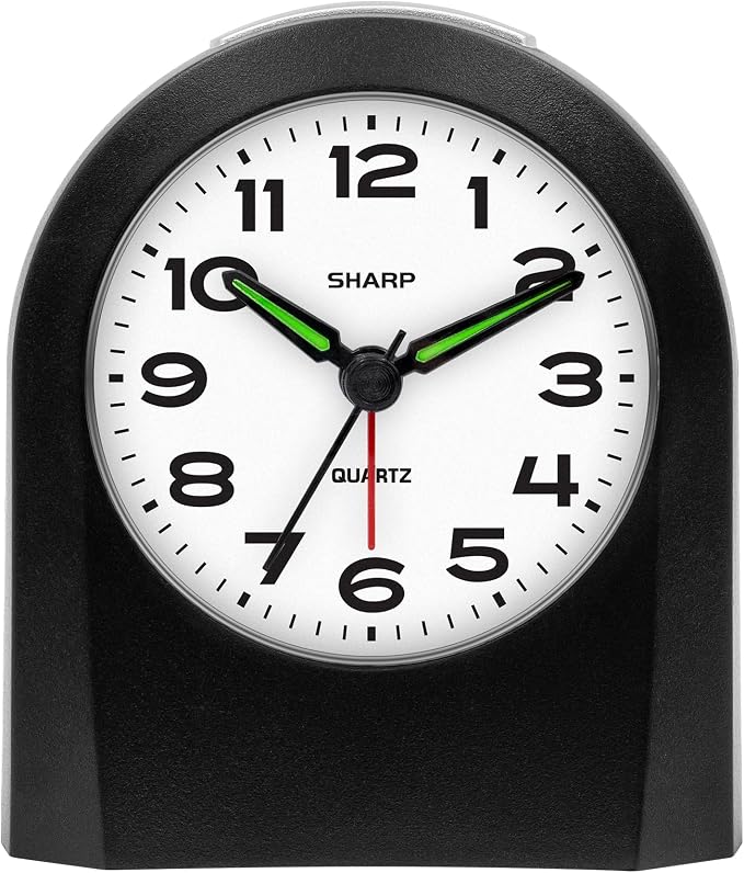Sharp Battery-Powered Analog Alarm Clock, Silent Sweep, Snooze and Light | Silent no-tick movement; Ascending beep alarm; Gentle wake; Snooze; On-demand light; Compact size; Battery operated; Black