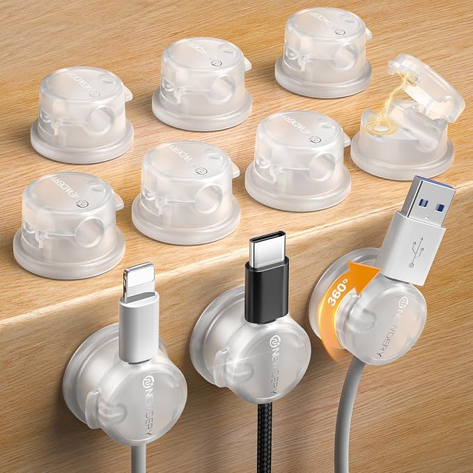 NEWDERY 10pcs Magnetic Cable Clips Cord Organizer Cord Holder Management | Desk Cable Management,360° Rotatable,3M Adhesive Wire Holder,for Home Office Desk Phone Charger Car Wall Nightstand,White