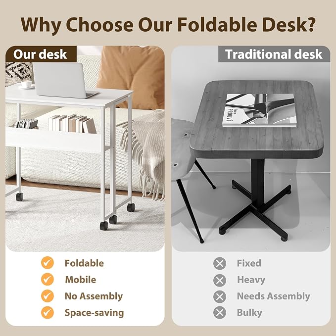 Garvee Folding Desk Small Rolling Desk with Storage Shelf,24.8 Inch Foldable Computer Table for Small Spaces, Space Saving Sofa Table with Wheels for Home Office, Study, Easy Assembly, White