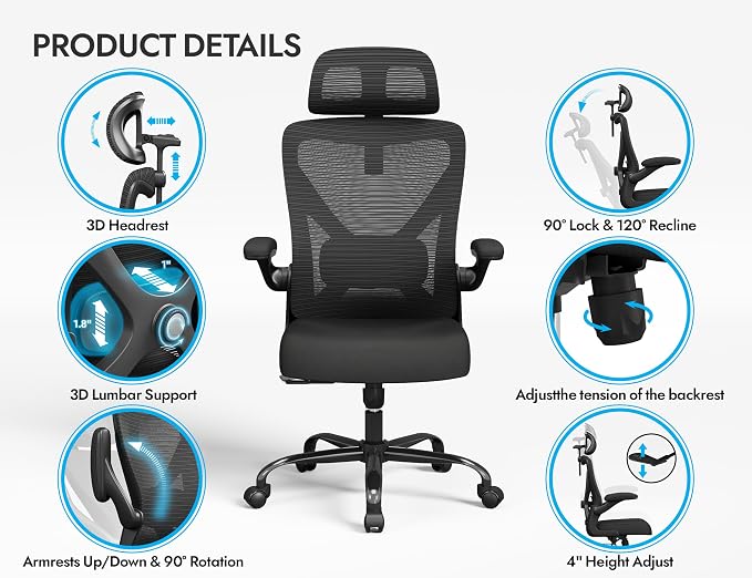 Ergonomic Office Chair: Mesh Desk Chair Comfy with Headrest& Lumbar Support | Ergalithic Big and Tall Office Chairs with Wheels & Flip-Up Arms-Computer Gaming Chairs for Adults Home Office (Full Black)