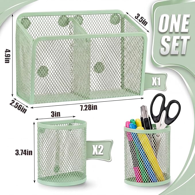 Marspark 3 Pcs Magnetic Pen Holder Set Metal Pencil Holder with Strong Magnets Wire Mesh Storage Basket Organizer for Locker Accessories Whiteboard Refrigerator School Office Dorm(Sage Green)